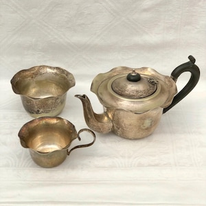Antique Silverplate Teapot, Cup & Sugar Bowl, Beautiful Scalloped Edged Silverware Set.