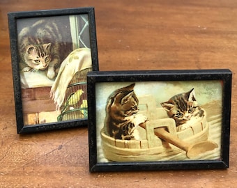 Antique Pictures In Miniature Frames Containing Original Victorian Cat Prints.