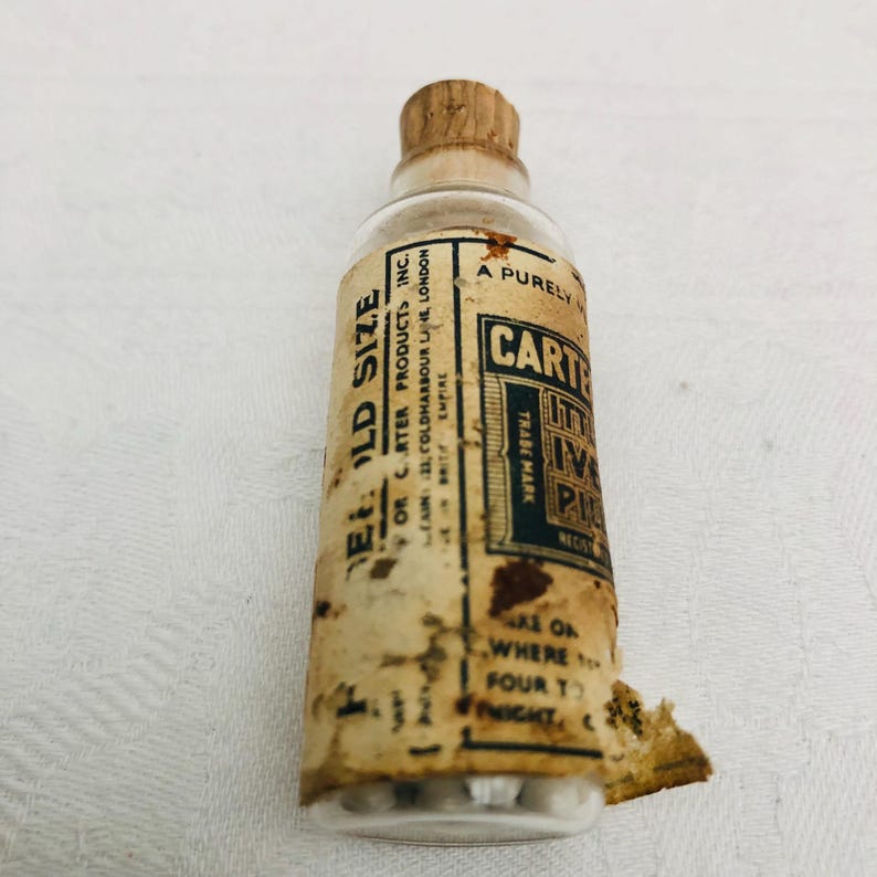 Antique Pharmaceutical Glass Corked Bottle “Carters Little Liver Pills” Containing Original Cod Liver Oil Pills. image 6