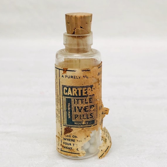 Antique Pharmaceutical Glass Corked Bottle “Carters Little Liver Pills” Containing Original Cod Liver Oil Pills.