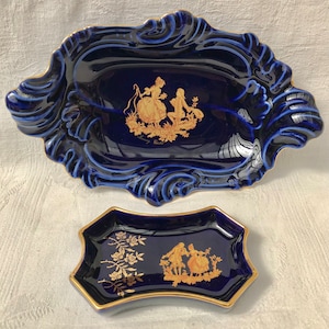 Set Of 2 Vintage Limoges Castel French Colbalt Blue Trinket Dishes