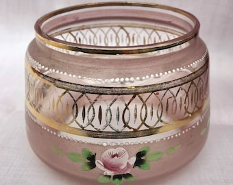 Midcentury Pink Bohemian Glass, Vanity Jar , Enamelled Rose Decoration