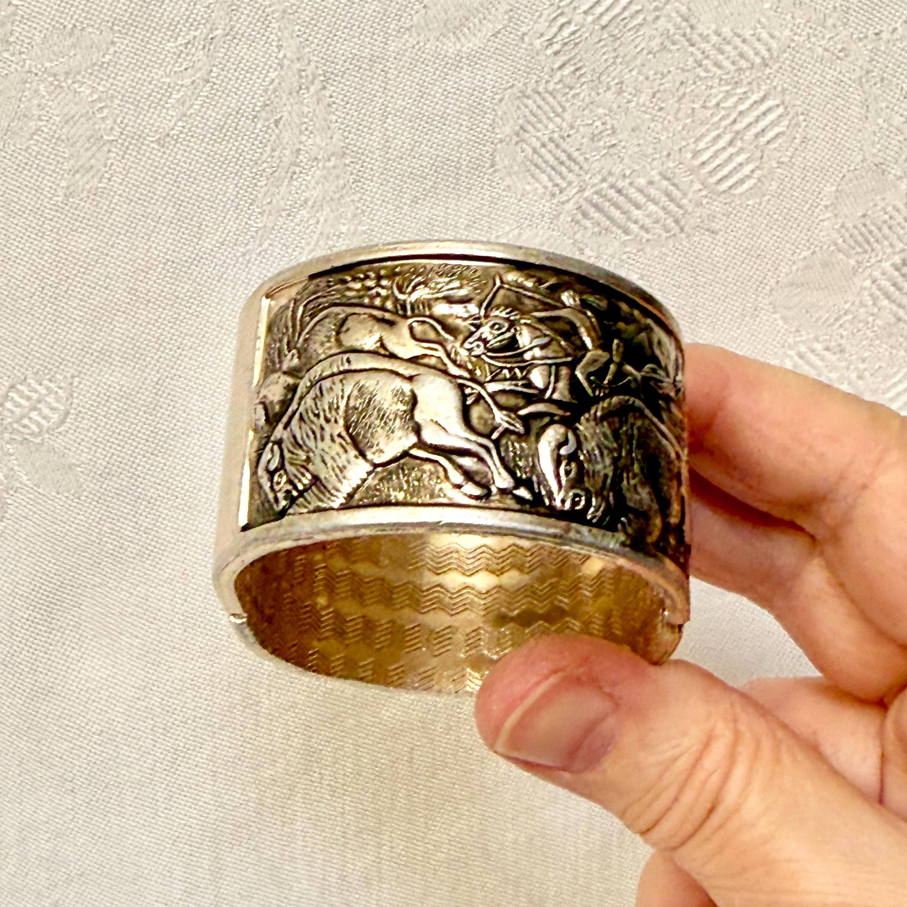 Vintage 1960s Repousse Cuff, Clamper Bangle, Silver Tone, Native