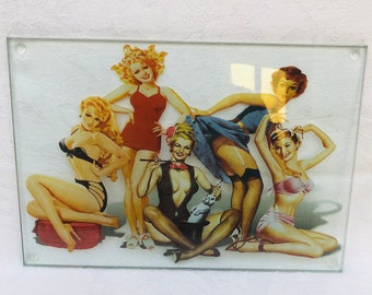 Vintage Bevelled Edge Glass Tray Decorated With Pin-Up Girl Transfer 1980s