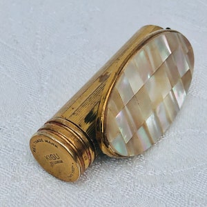 1950s KIGU of London, Mother Of Pearl Flipette Lipstick Case & Mirror, Containing Original 1950s Revlon Louis X1V Lipstick