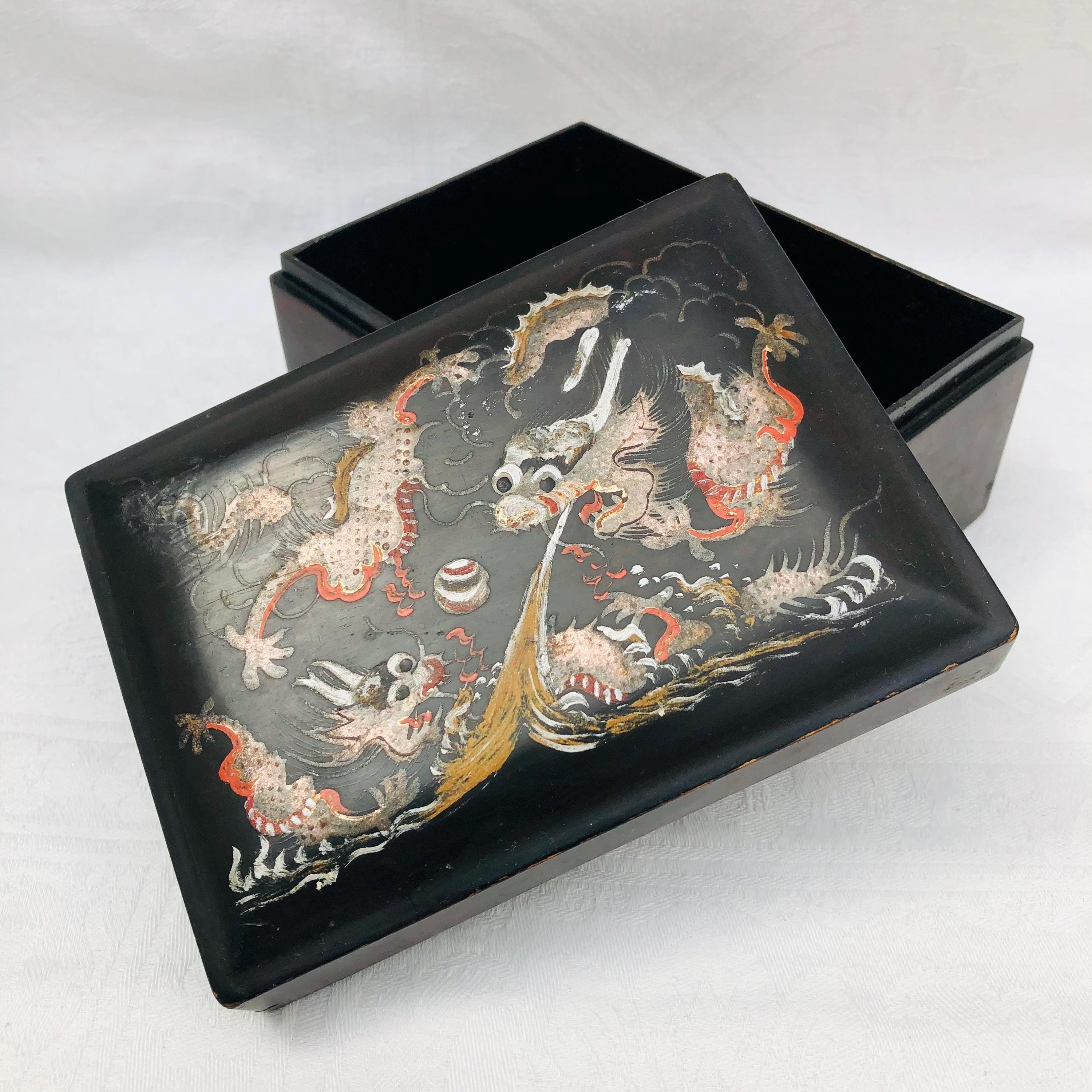 アンティーク中国漆器木箱、手描きの龍のデザイン、中国福州。 - Etsy 日本