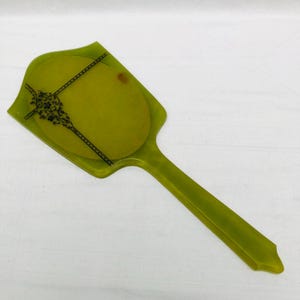 1920s Large Art Deco, Decorative Green Celluloid Hand Mirror, Embossed Floral Design.