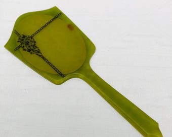 1920s Large Art Deco, Decorative Green Celluloid Hand Mirror, Embossed Floral Design.