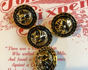 Vintage Gilt Metal, Lion Head Buttons X 4