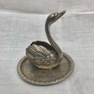 Midcentury Swan Ring Holder, Vintage Zinc Alloy Silver, Vanity Table Decor image 6