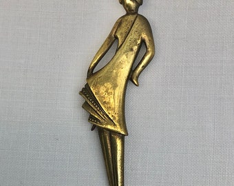 Genuine Art Deco Flapper Girl, Metal Brooch, 1930s