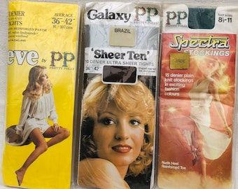 3 X 1980s Vintage Pretty Polly Hosiery, Stockings & Tights 100% Nylon, New In Original Packaging.