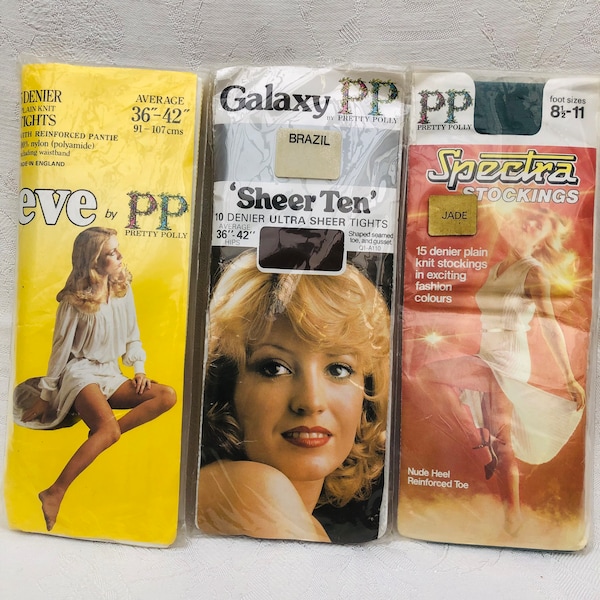 3 X 1980s Vintage Pretty Polly Hosiery, Stockings & Tights 100% Nylon, New In Original Packaging.