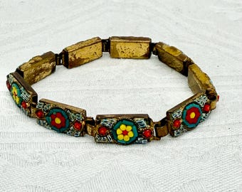 Midcentury Vintage, Italian Glass, Micro Mosaic Bracelet, Floral Design, Lovely Vintage Condition.