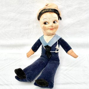Vintage, Early Midcentury, Nora Wellings 9 Inch, Cloth Doll, Jolly Sailor Boy In His Original Blue Velvet Sailor Suit.