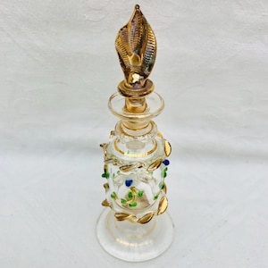 Vintage Hand Blown Glass, Egyptian Perfume Bottle & Applicator, 14 K Gold Trim.