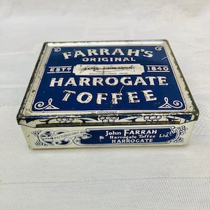 Antique English Toffee Tin By Farrah’s Original Harrogate Toffee, 1920s Embossed Candy Tin.