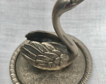 Midcentury Swan Ring Holder, Vintage Zinc Alloy Silver, Vanity Table Decor