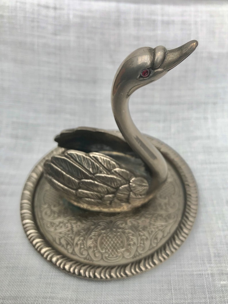 Midcentury Swan Ring Holder, Vintage Zinc Alloy Silver, Vanity Table Decor image 1