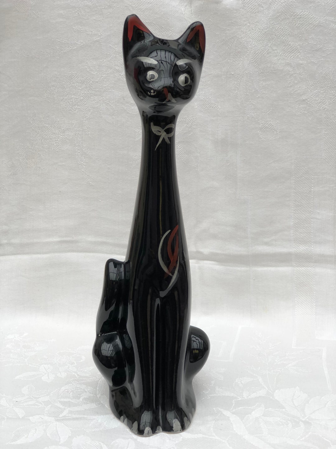 Midcentury Long Necked Black Cat Vase Hand Painted Lovely Etsy