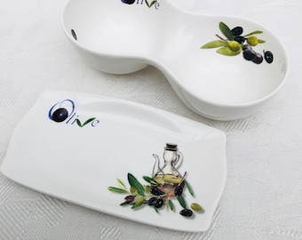 Vintage Mediterranean Porcelain Olive Bowls & Dish Set.