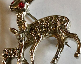 Broche Ancienne Faons/Cerfs En Argent Et Marcassites - Bijou Vintage Animaux