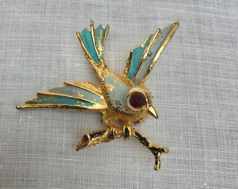 Midcentury Blue Bird Brooch With Rhinestone Eyes