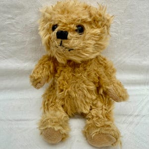 1950s Vintage, Small Play-Worn Teddy Bear, Golden Mohair Stuffed Bear With Button Eyes & Embroidered Features.