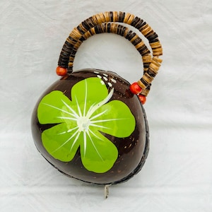 Vintage, Handmade, Hawaiian, Coconut Shell, Mini Beach Purse, Beaded Handles & Zipper.