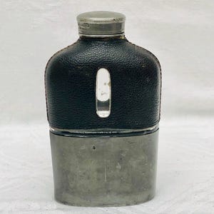 Antike Edwardian / Spät-viktorianische, Flachmann, Zinn, Glas & Leder, abnehmbarer Becher.