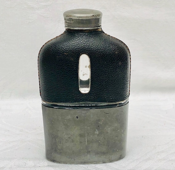 Gourde Ancienne En Verre Et Cuir - Vintage 1940-1960 - Fabrication Française
