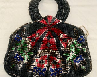 Vintage 1930s Art Deco Beaded Purse With Geometric Design, Beaded Handles & Silk Lining.