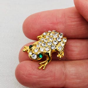 Sweet Vintage Frog Brooch/Pin, Gold-Tone Metal & White Rhinestones With Green Eyes.