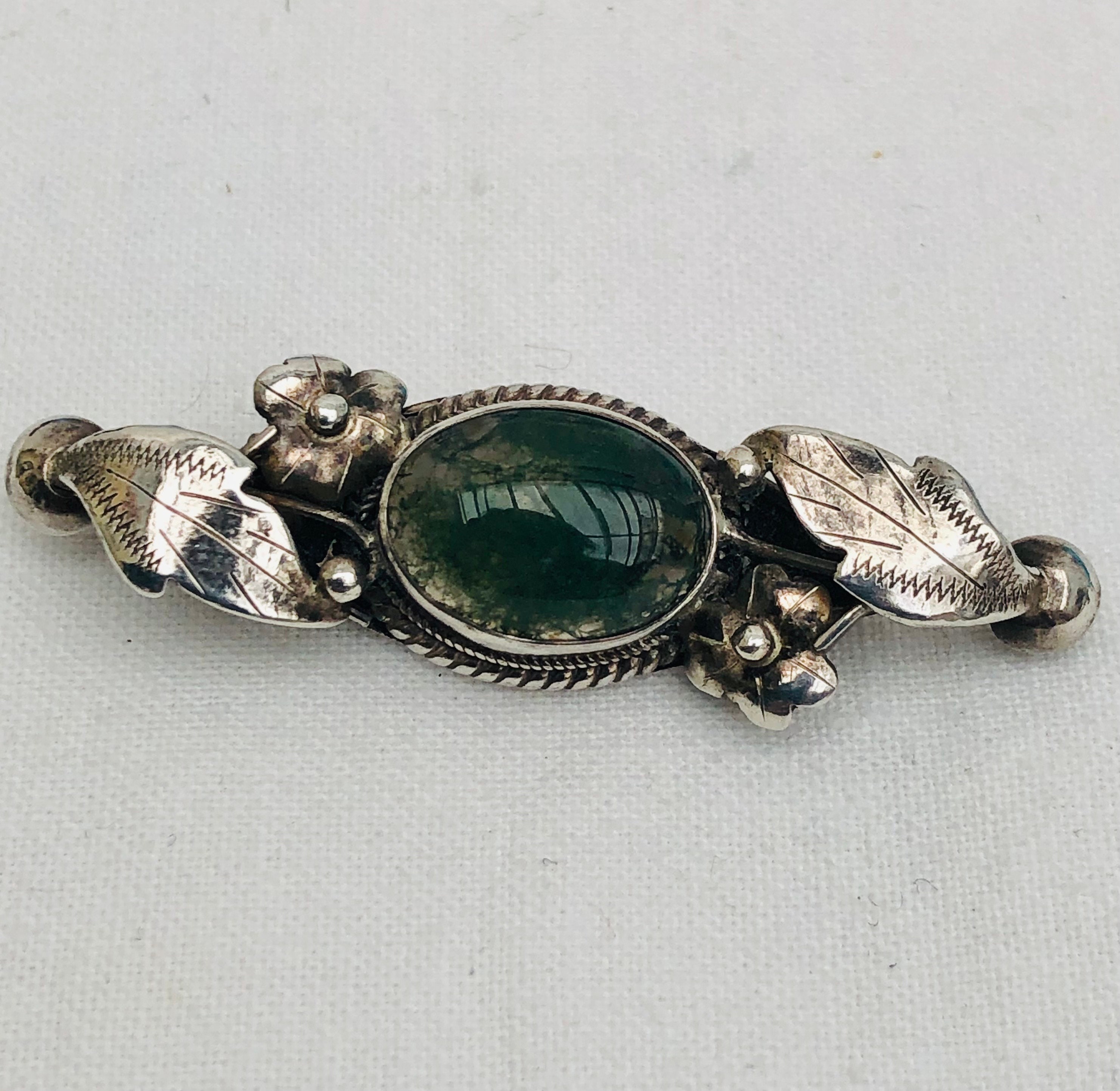 Broche Ancienne Art Nouveau En Argent Et Malachite - Filigranée - Bon état Occasion