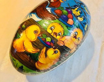 Large Vintage German Papier-mâché Easter Egg Candy Container, German Nestler Egg, Lithographed Easter Decor