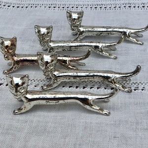 5 French Art Deco Style Cat Knife Rests, Well Patinated Vintage Silvered Metal