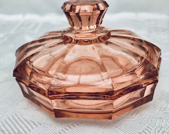 1930s Peachy Pink Art Deco Glass Trinket Box With Lid.