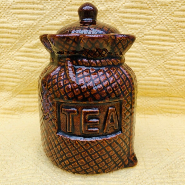 1970s Retro Brown Glazed Ceramic Tea Canister, Brown Burlap Sack Ceramic Canister, Vintage Tea Caddy