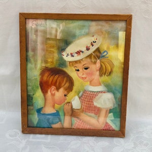 1960s Vintage Big Eyed Art By Francoise Soulet, Original Wooden Framed Print.