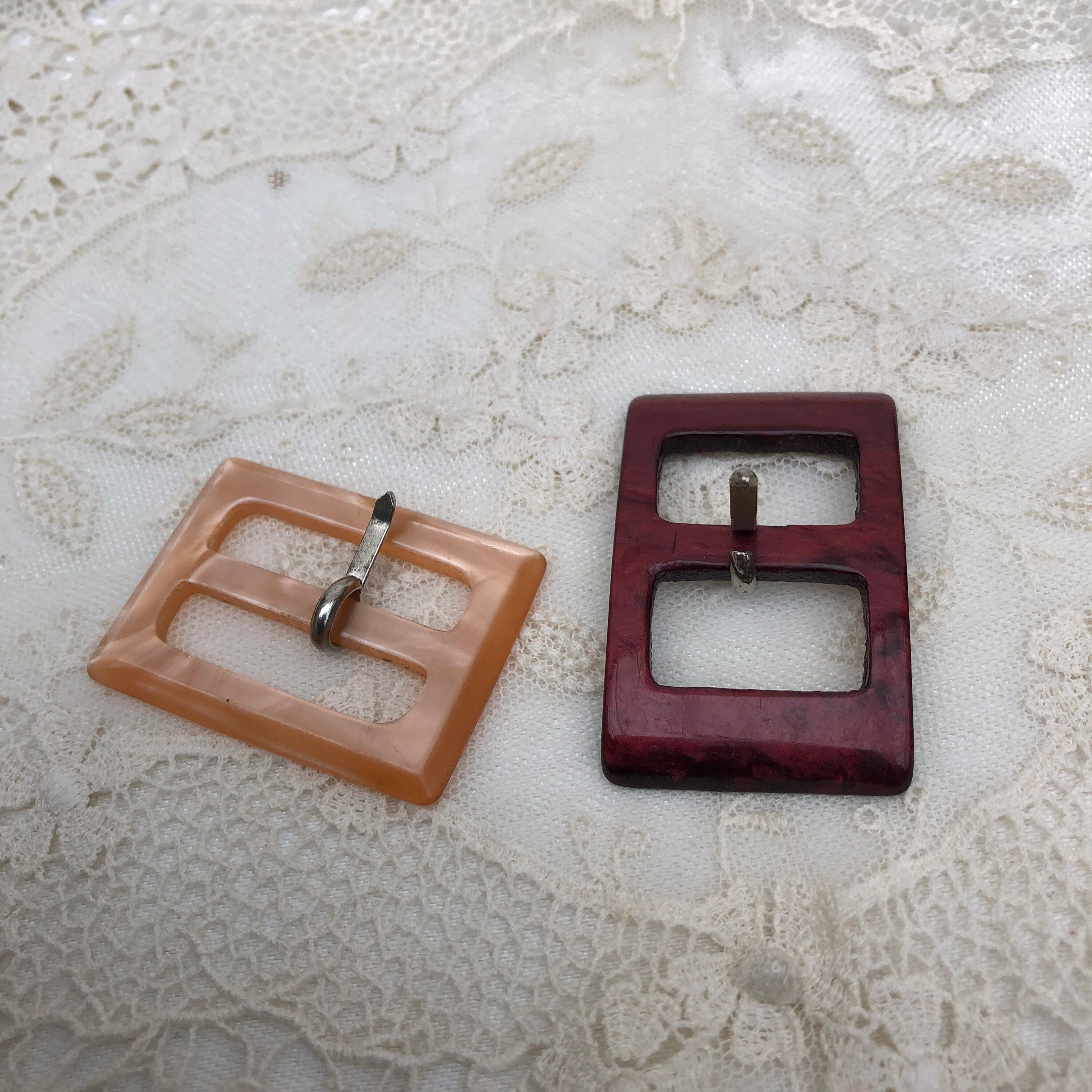 Bakelite Belt Buckles Two Vintage Red Art Deco New Old Stock Collectors Pair VTG Red Bakelite 2 Piece Belt Buckle With Fabric Belt Art  main image 3