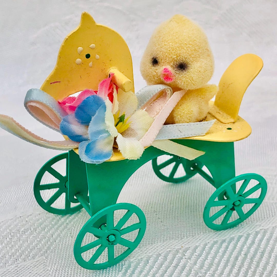 Vintage Kitsch Easter Decor, Mini Flocked Easter Chick Riding A 4 ...