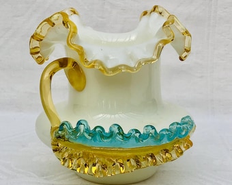 Antique Victorian Uranium Custard Glass Vase With Ruffled Amber Rim, With Blue & Amber Crested Ruffles, Glows Under Black Light.