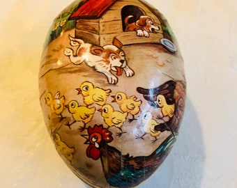 1940s Vintage German Papier-mâché Easter Egg Candy Container, East German Egg, Lithographed Easter Decor