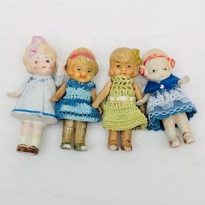 4 Miniature Bisque Dolls, Made In Japan, Antique/ Vintage Doll House Dolls.