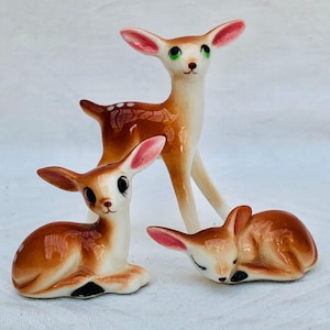 激レア✨新品未使用✨ティミーボンビング人形３体✨デッドストック 1950s, Fine Bone China Baby Deer Trio, Set of 3 Kitsch Vintage