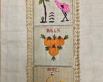 Vintage Kitsch Rattan Embroidered Wall Hanging, Flamingo, Oranges & Fish Embroidery