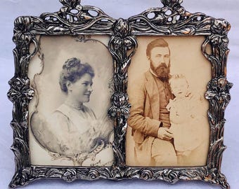 Beautiful Silver Metal Art Nouveau Frame Containing Antique Photographs.
