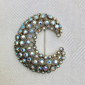 Lovely Vintage Aurora Borealis, Crescent Moon Brooch
