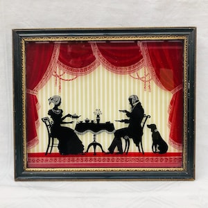 1940s Vintage Handmade Silhouette Wall Art, Reverse Painted On Glass, Regency Style.