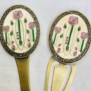 Conjunto de marcador de livro e abridor de cartas, estilo Cloisonné Rose vintage, design de Charles Rennie Mackintosh, latão dourado.